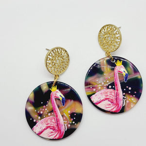 Oorbellen goud roze flamingo